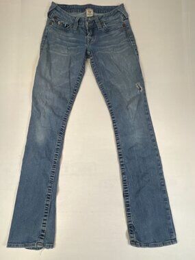 True Religion Women Size 29 Straight Leg Jeans Blue Made in USA Distressed